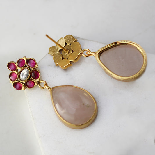 Ruby / Pink Flower Drop Earring - Rabal