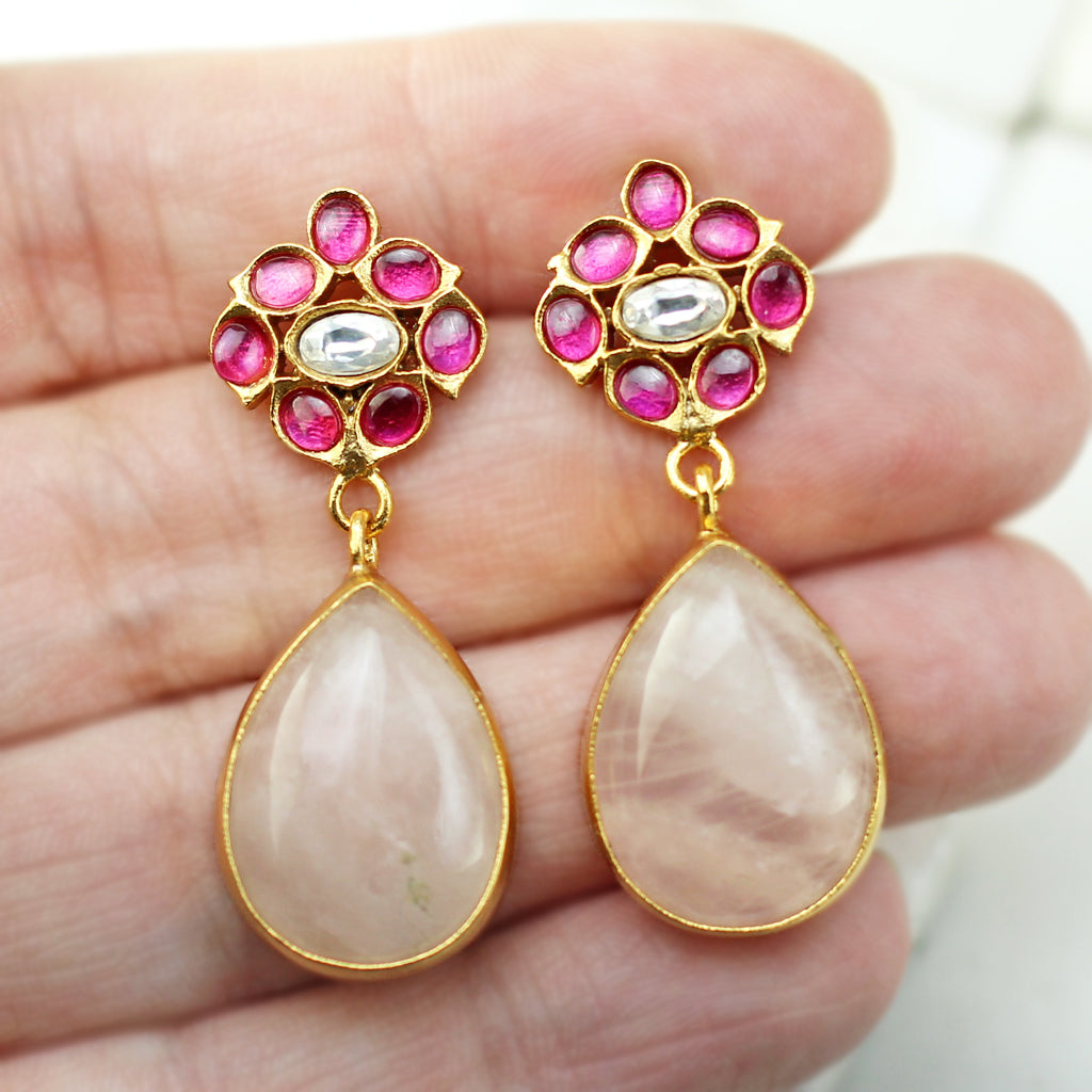 Ruby / Pink Flower Drop Earring - Rabal