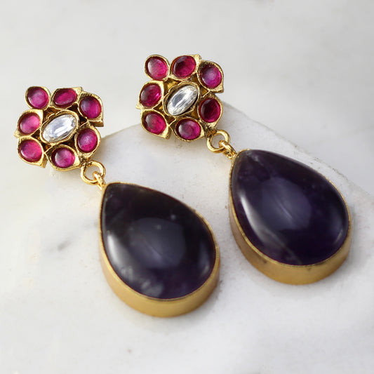 Ruby / Purple Flower Drop Earring - Rabal