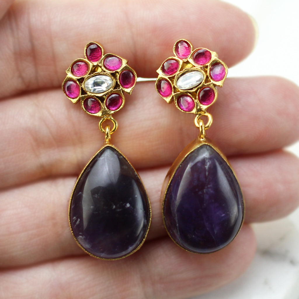Ruby / Purple Flower Drop Earring - Rabal