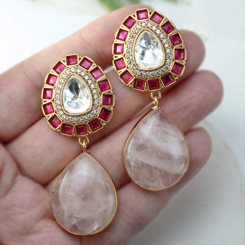 Pink Kundan Drop Earring - Rabal
