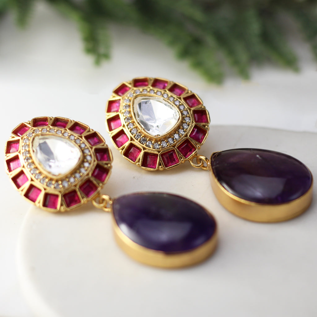 Purple / Ruby Kundan Drop Earring - Rabal