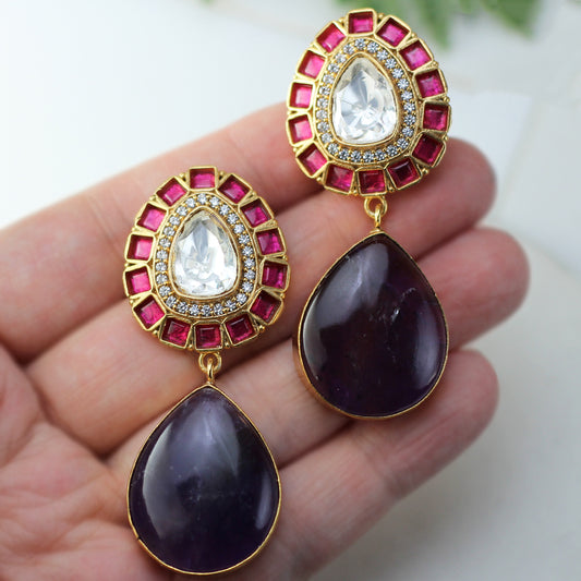Purple / Ruby Kundan Drop Earring - Rabal