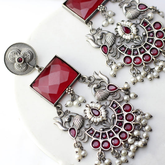 Maroon Bird Tribal Pearl Drop Earring - Rabal