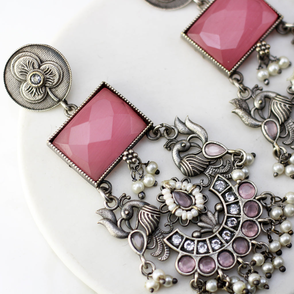 Pink Bird Tribal Pearl Drop Earring - Rabal