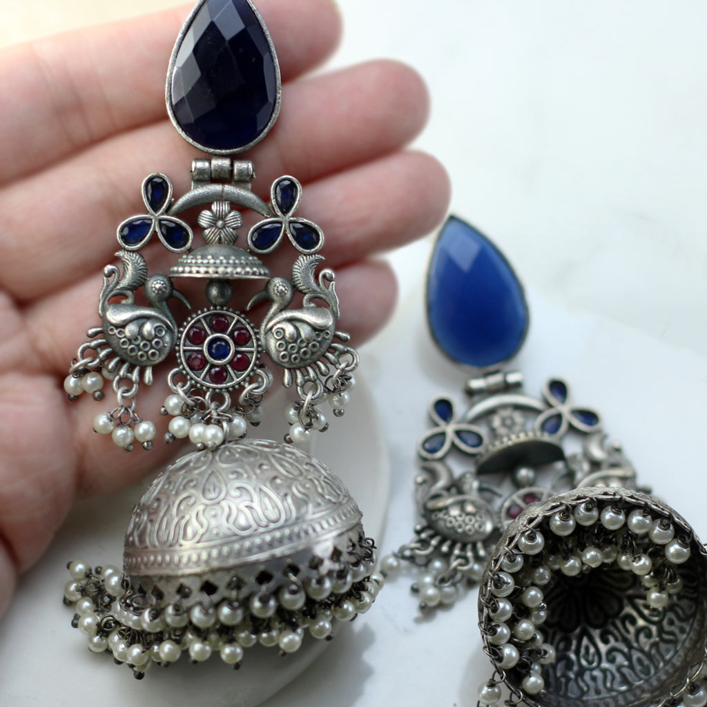 Blue Statement Bird Jhumke I Earring - Rabal