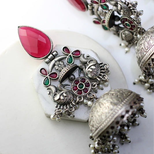 Ruby / Green Statement Bird Jhumke I Earring - Rabal