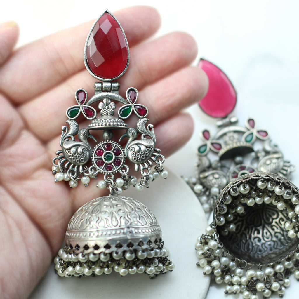 Ruby / Green Statement Bird Jhumke I Earring - Rabal