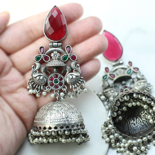 Ruby / Green Statement Bird Jhumke I Earring - Rabal
