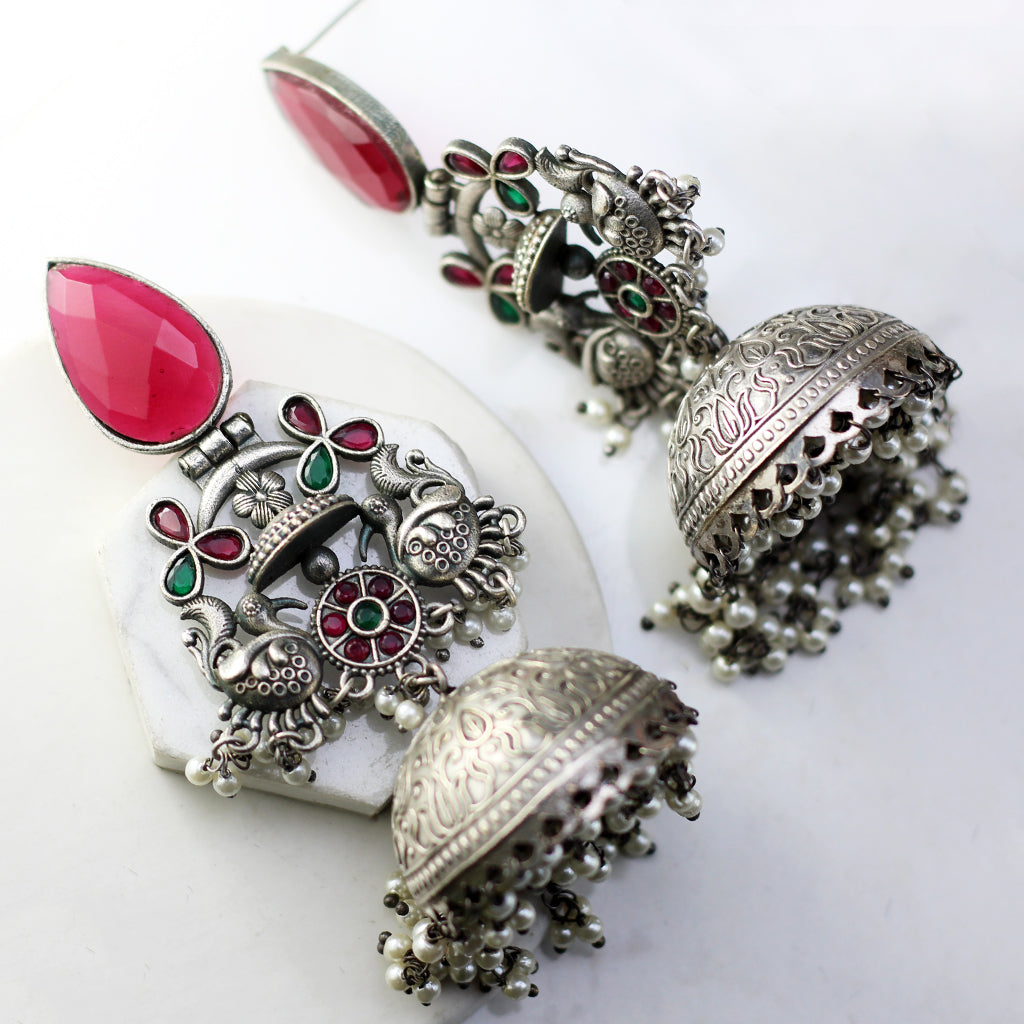Ruby / Green Statement Bird Jhumke I Earring - Rabal