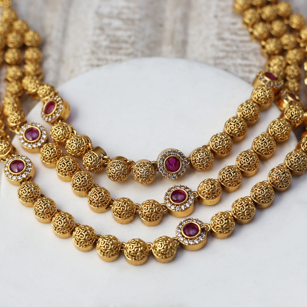 Ruby Three Layer Antique Necklace Set I With Earrings - Rabal