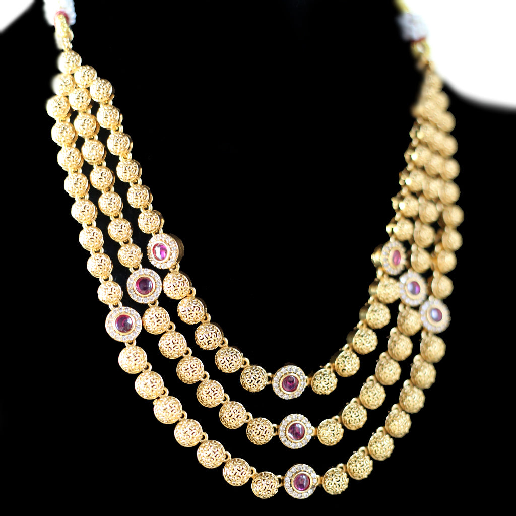 Ruby Three Layer Antique Necklace Set I With Earrings - Rabal