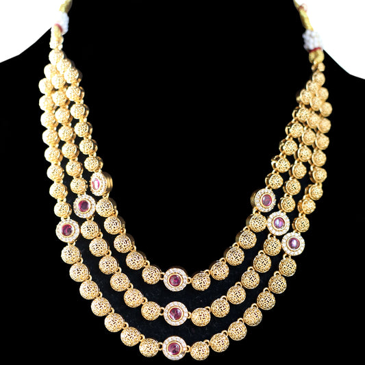 Ruby Three Layer Antique Necklace Set I With Earrings - Rabal