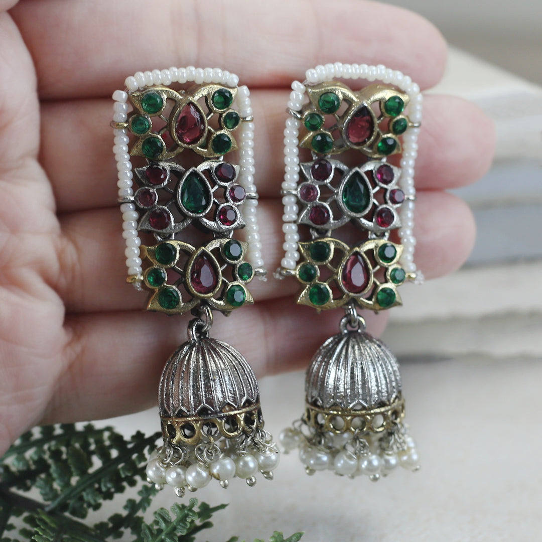 Tribal Pearl Jhumke I Ruby / Green I Earring