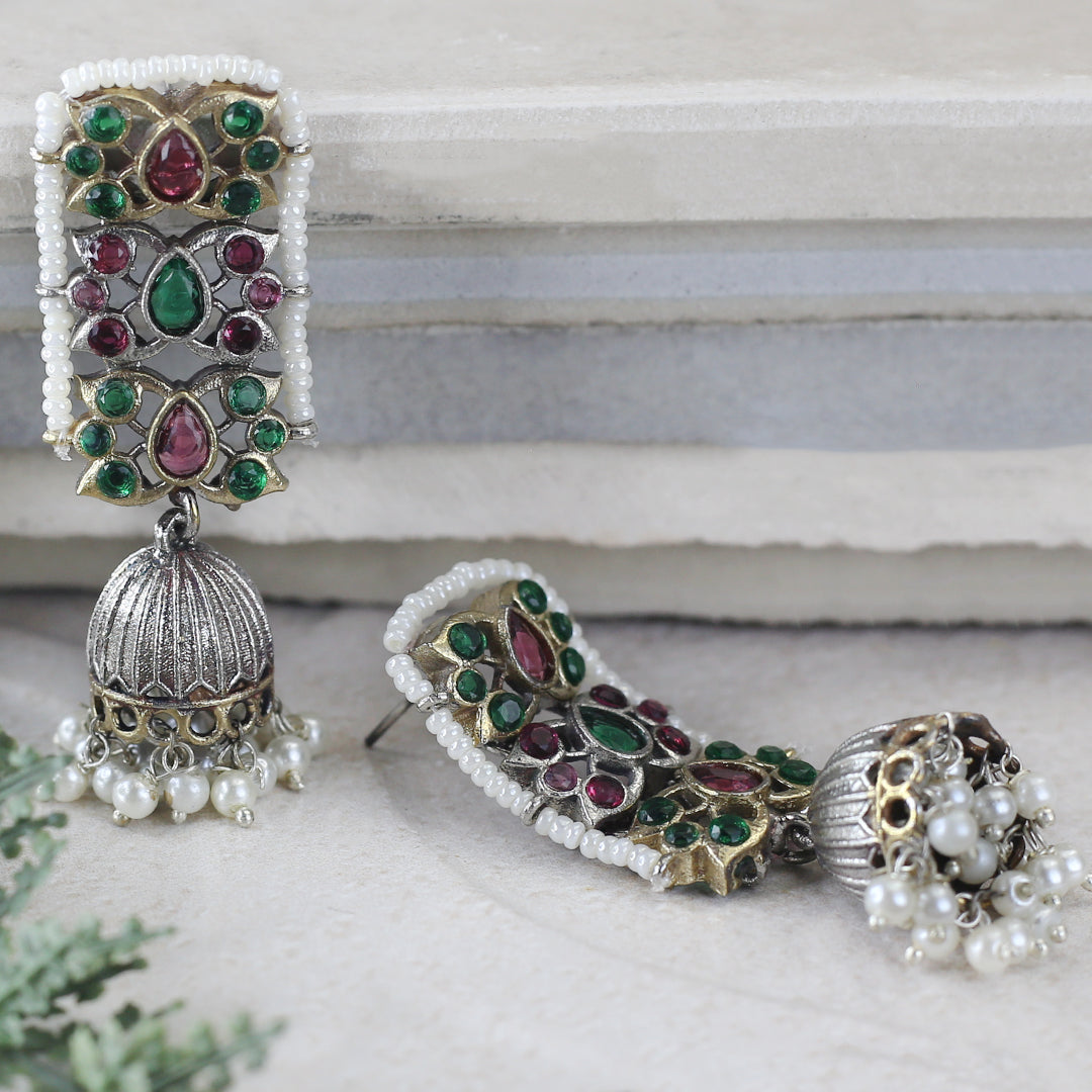 Tribal Pearl Jhumke I Ruby / Green I Earring