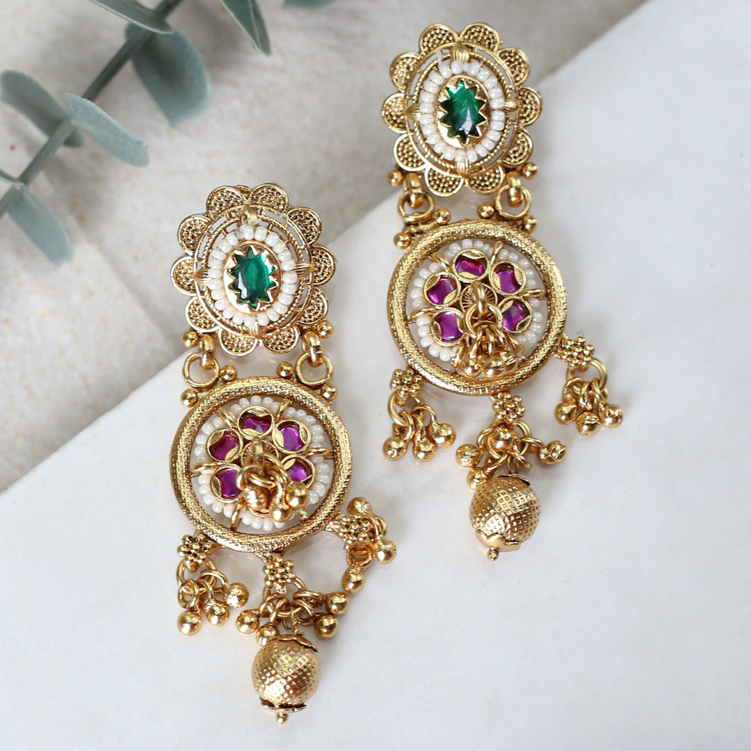 Flower Ruby / Green Drop Earring