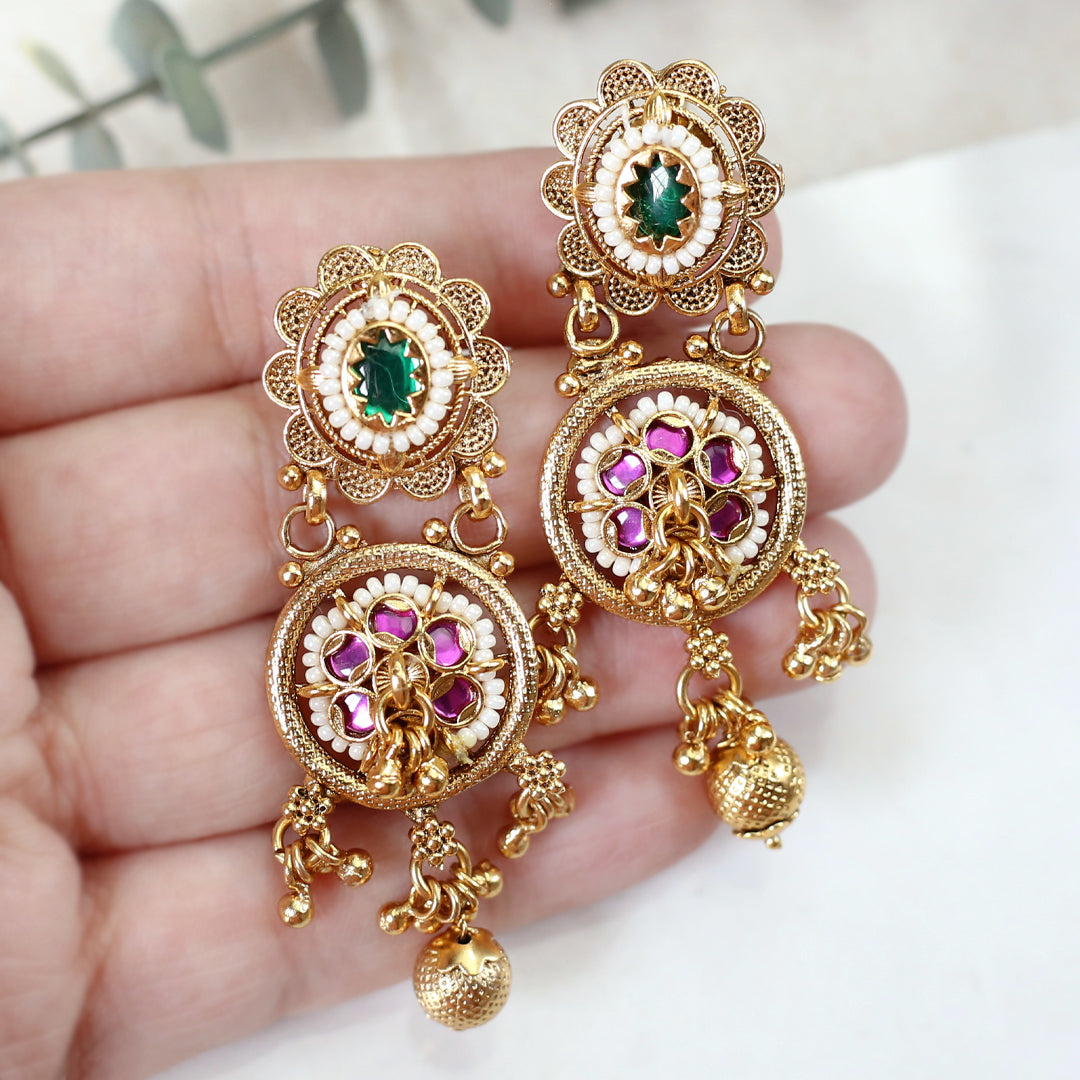 Flower Ruby / Green Drop Earring