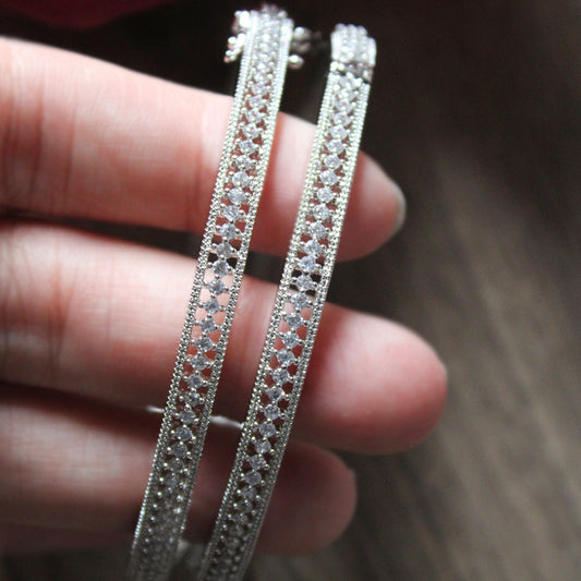 Silver Zircon Lock Bangle Pair