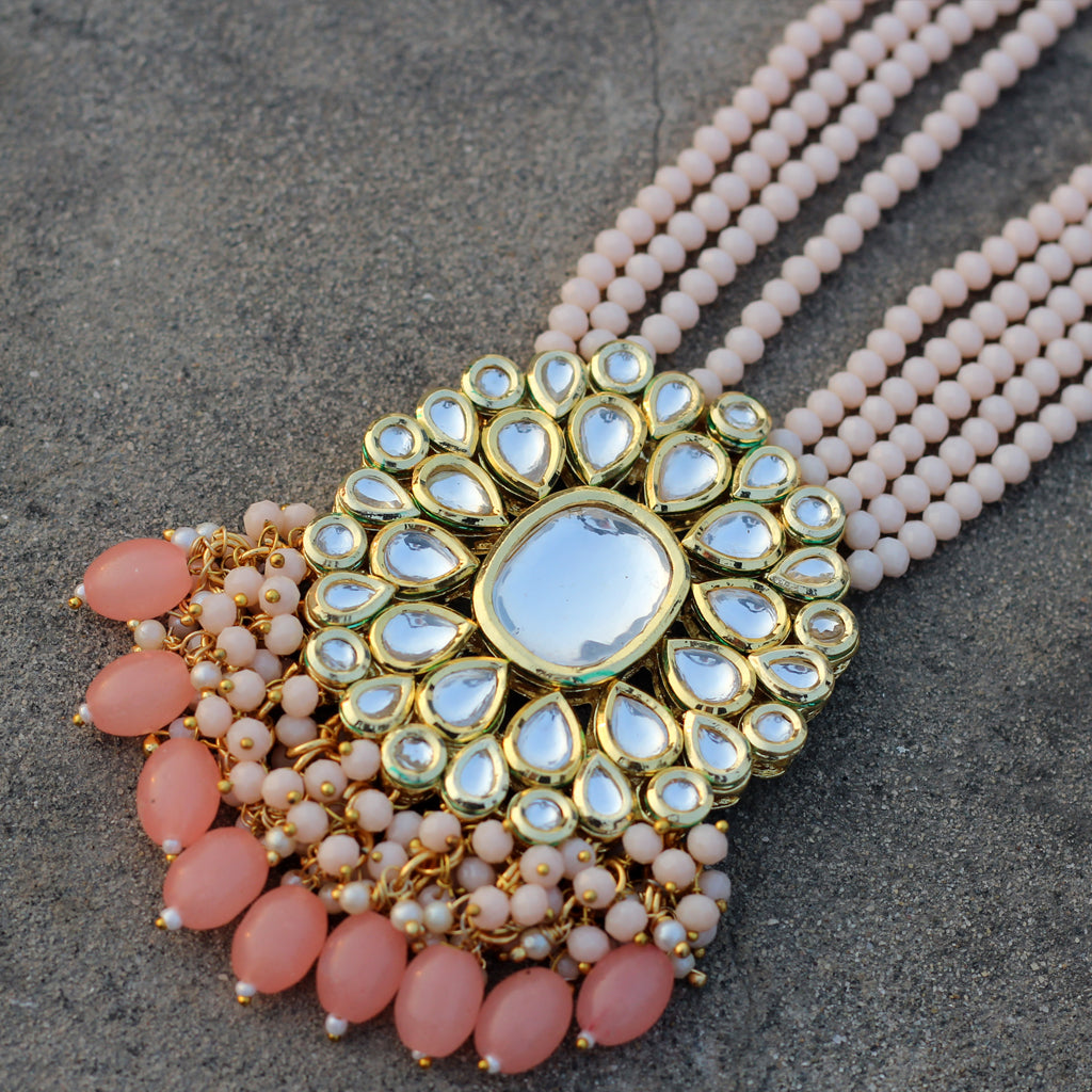 Peach Kundan Long Mala