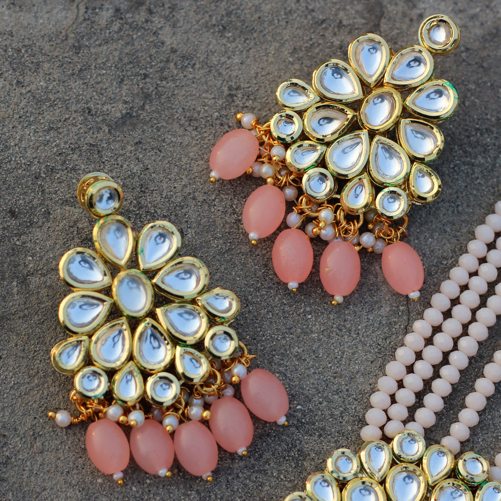 Peach Kundan Drop Earring