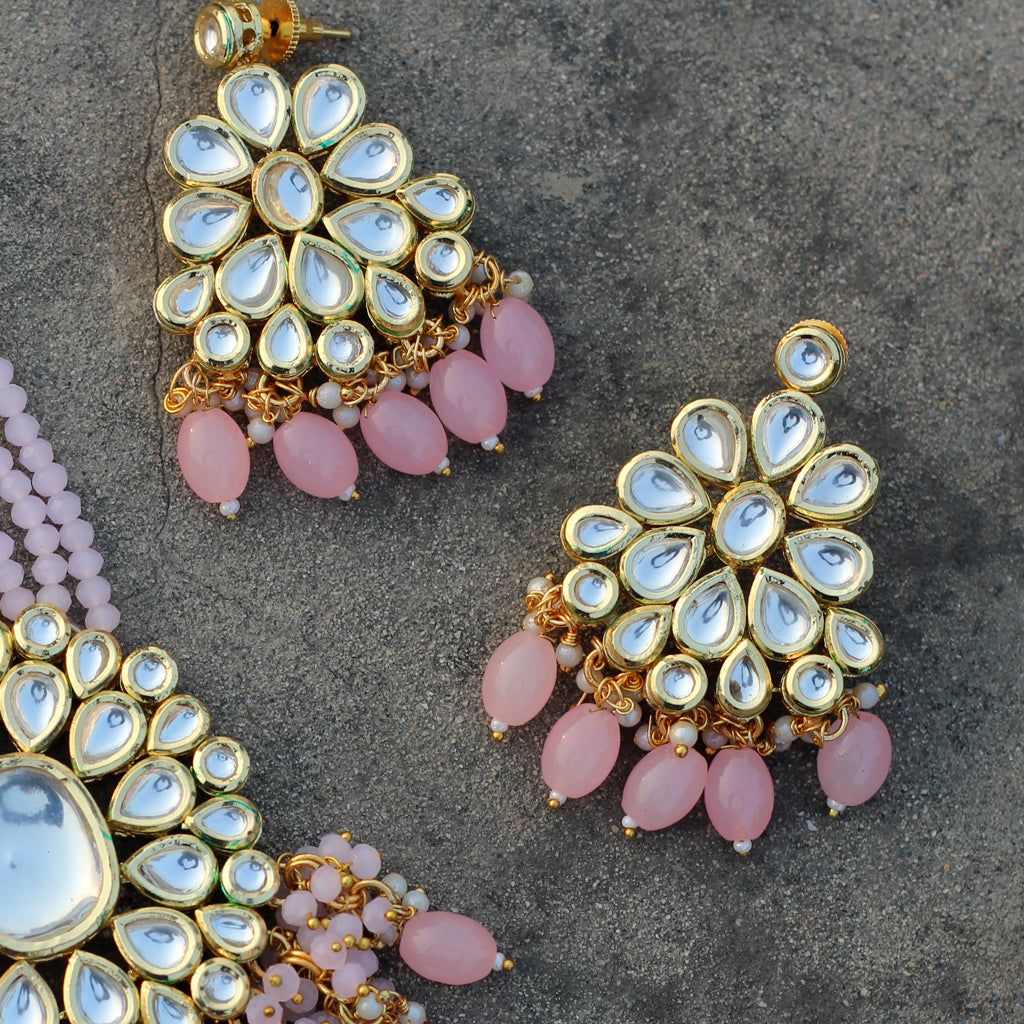 Pink Kundan Drop Earring