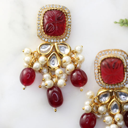 Red Statement Kundan Drop Earring