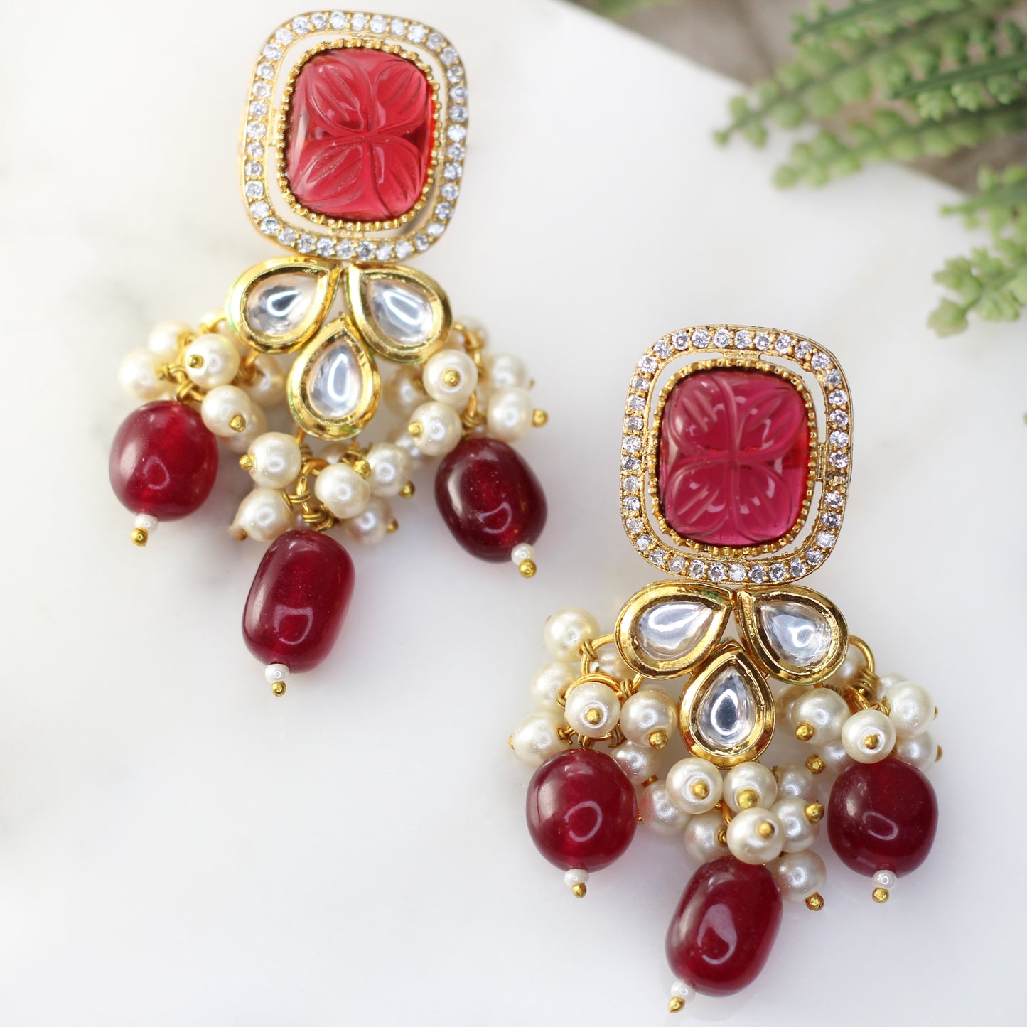 Red Statement Kundan Drop Earring