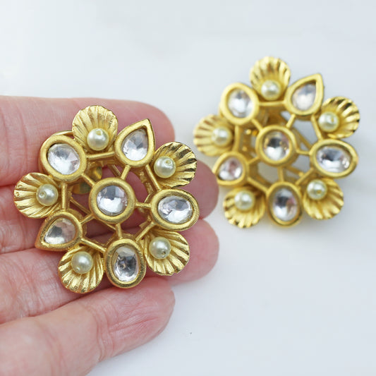 Gold Statement Kundan Flower Stud Earring - Rabal