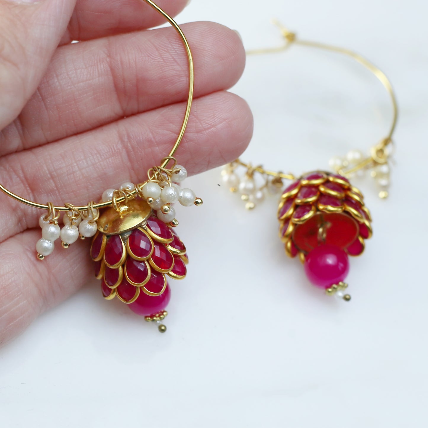 Pink Pearl Cluster Hoop Earring