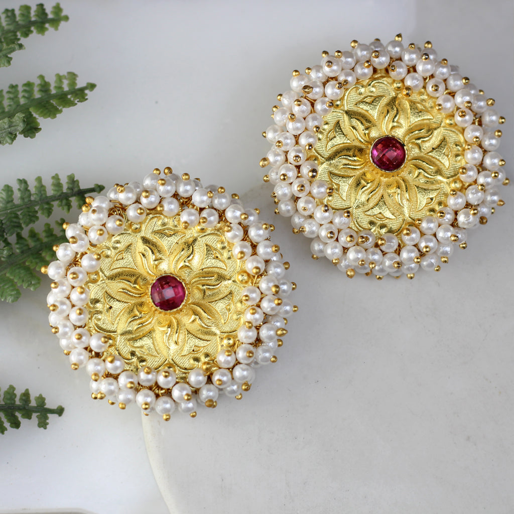 Ruby Pearl Cluster Stud Earring