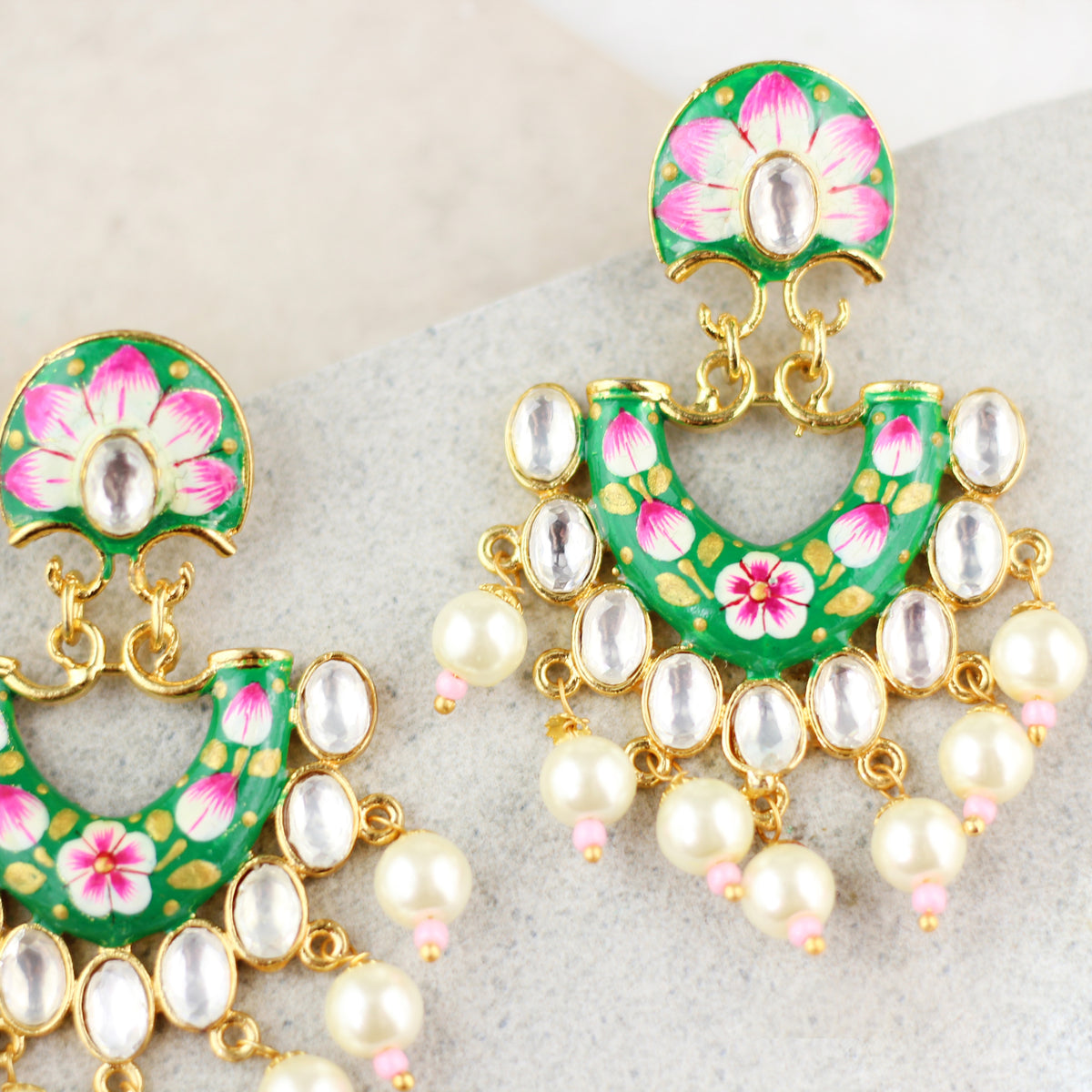 Green Statement Hand Painted Pearl Earring - Rabal