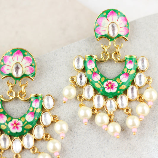 Green Statement Hand Painted Pearl Earring - Rabal