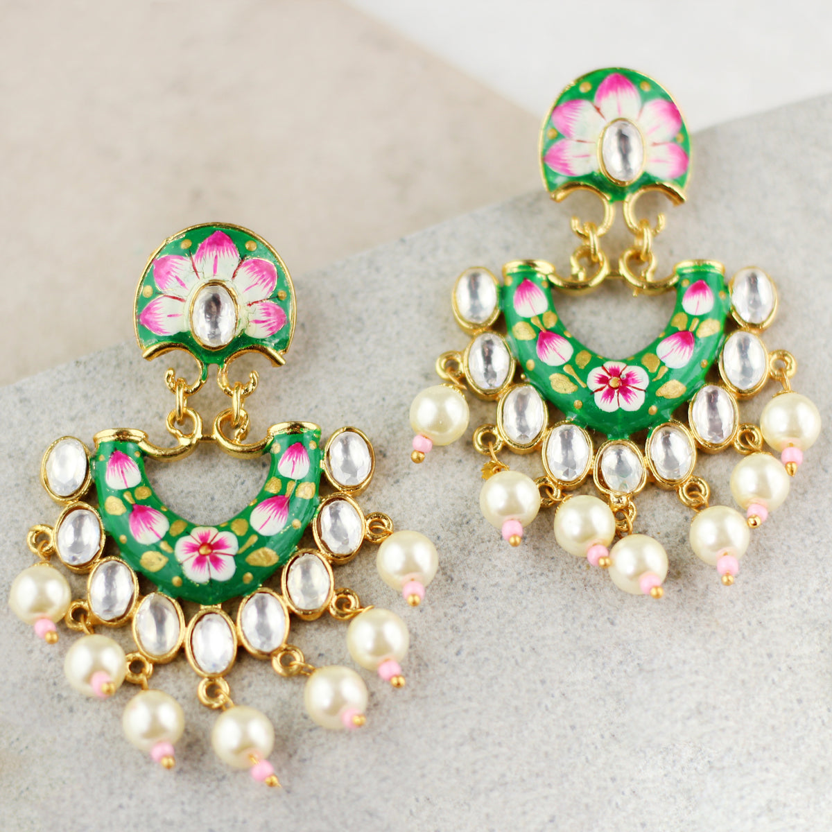 Green Statement Hand Painted Pearl Earring - Rabal