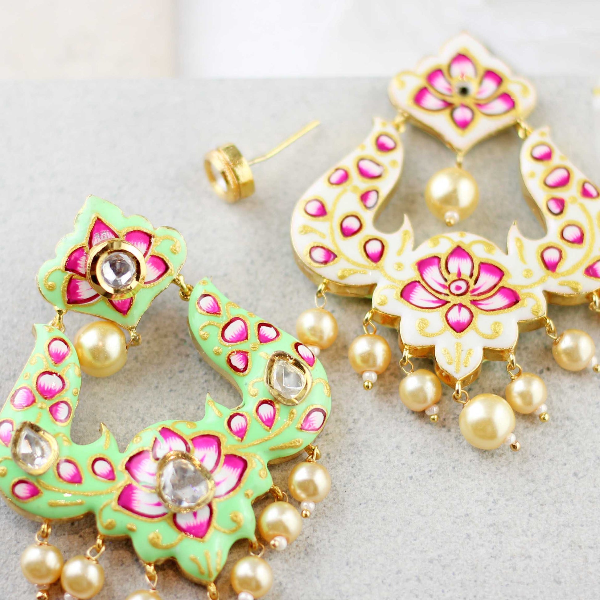 White / Green Double Sided Hand Painted Earring - Rabal