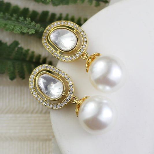 White Pearl Gold Drop Earring