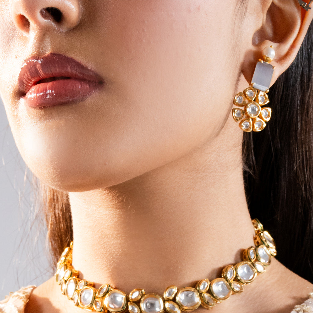 Grey Kundan Drop Earring