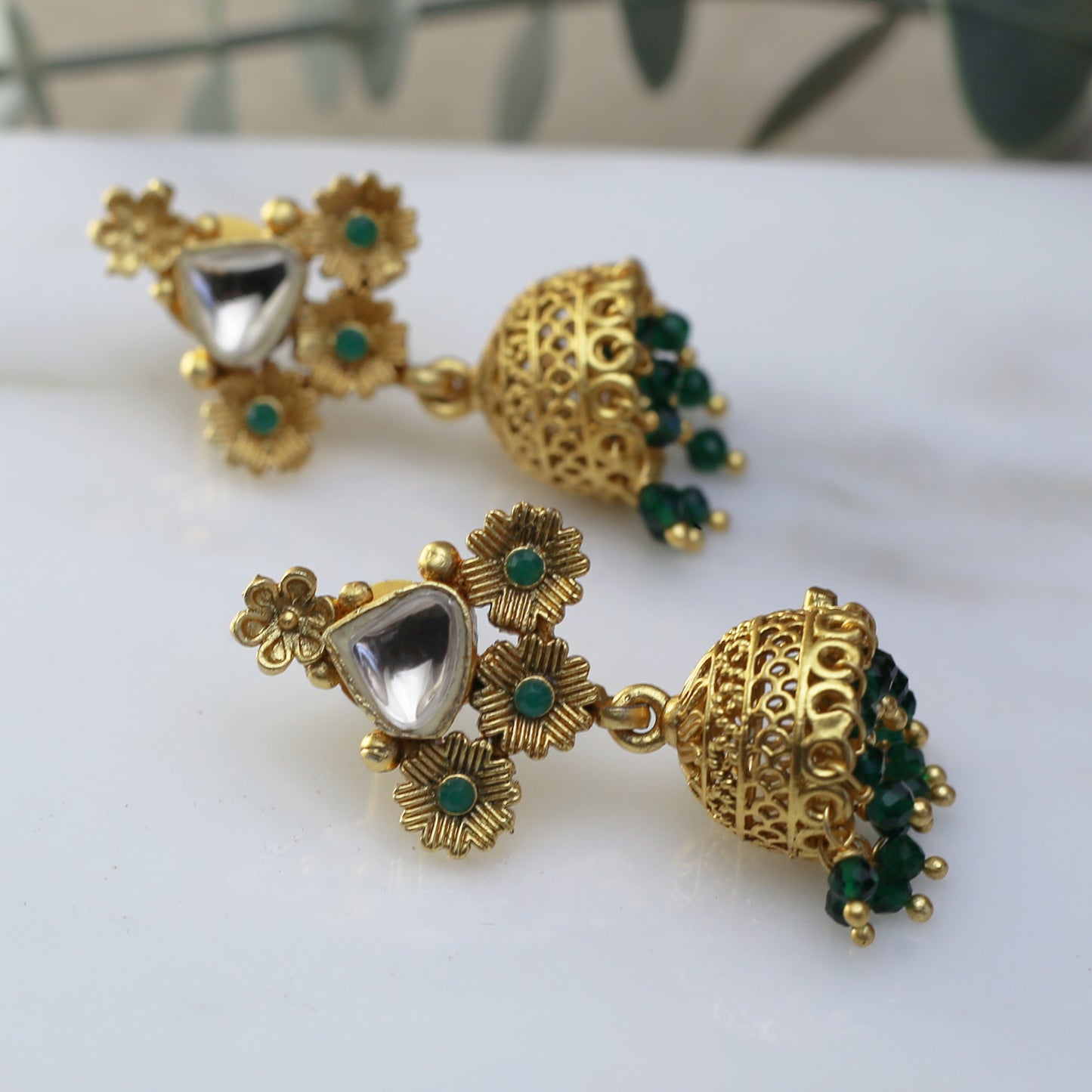 Green Kundan Jhumke I Earring