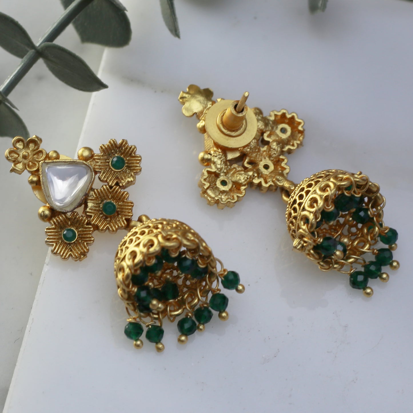 Green Kundan Jhumke I Earring