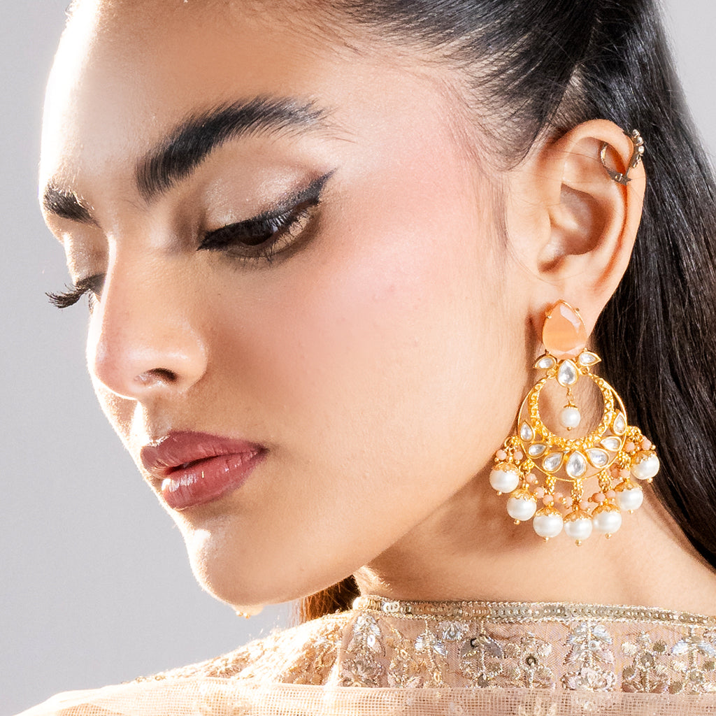 Peach Statement Kundan Drop Earring