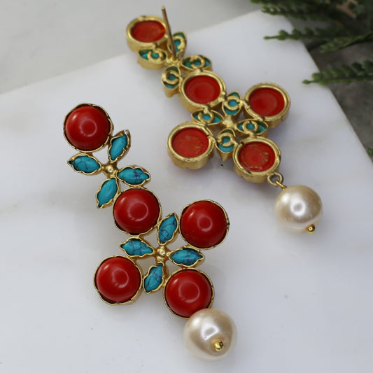 Red / Turquoise Pearl Drop Earring