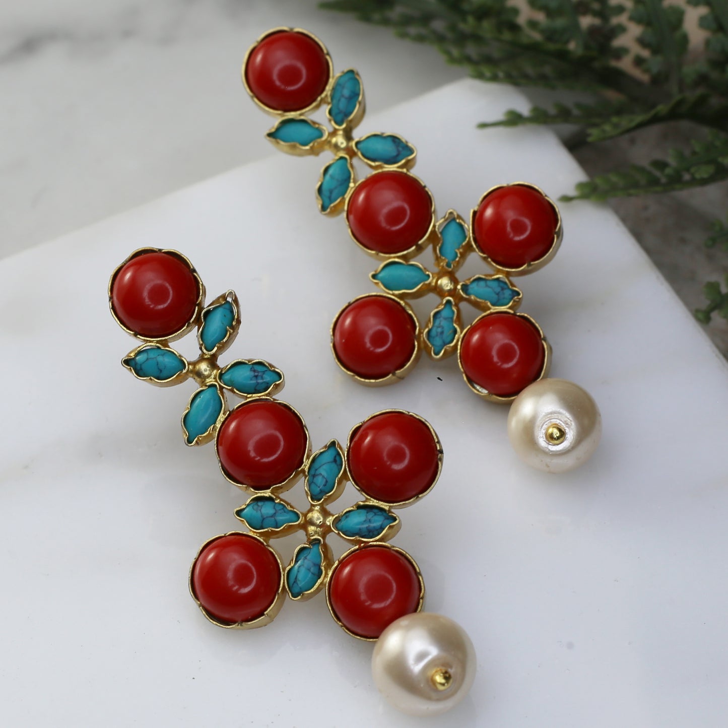 Red / Turquoise Pearl Drop Earring