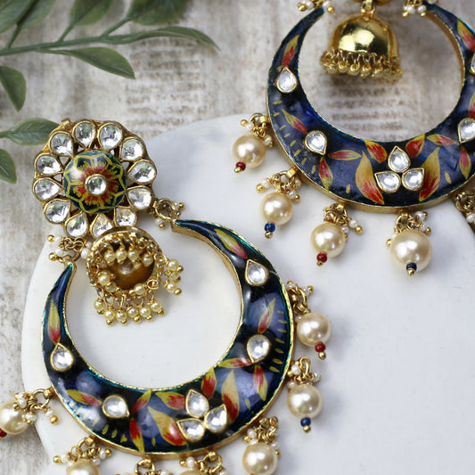 Blue Hand Painted Kundan Statement Earring