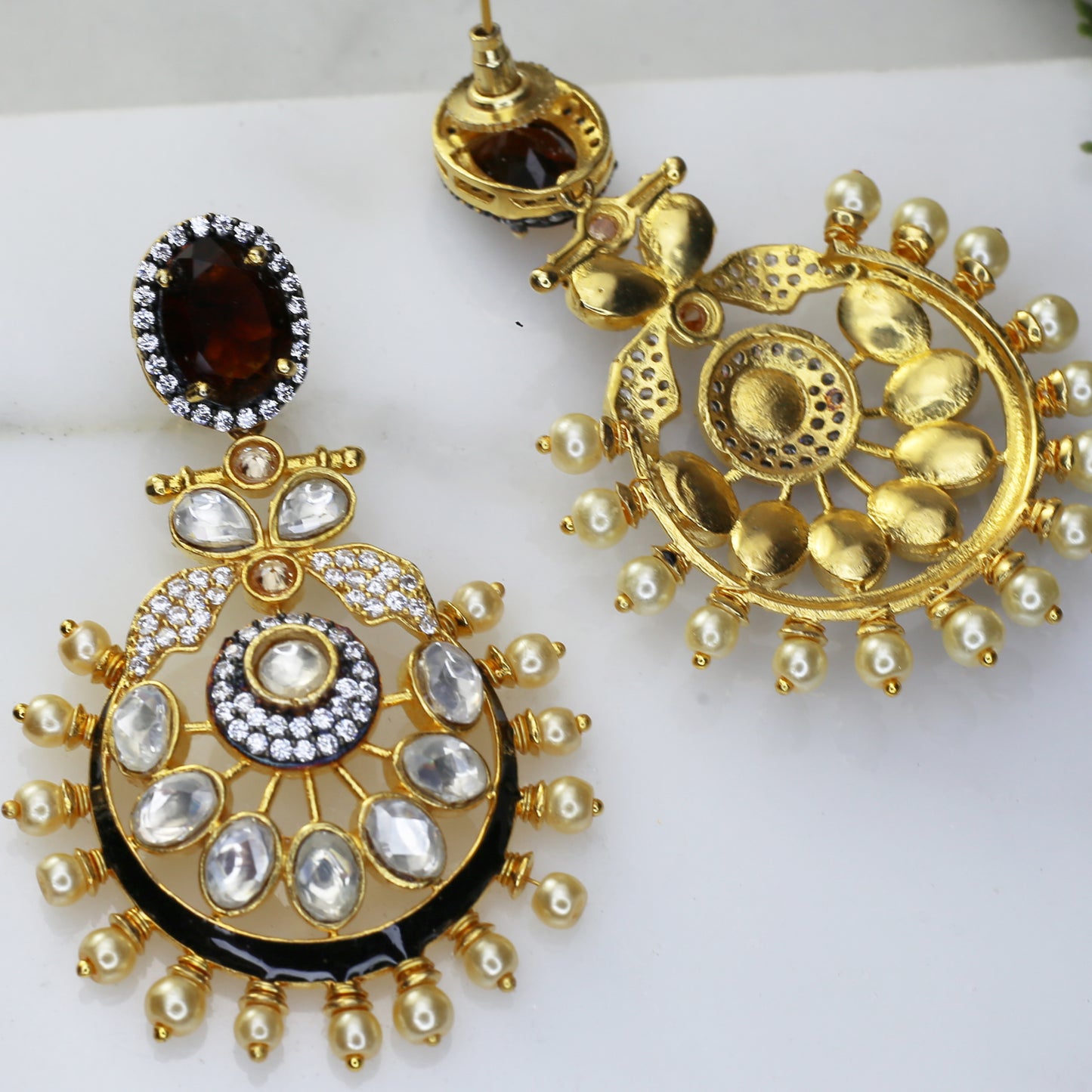 Brown Kundan Pearl Drop Earring