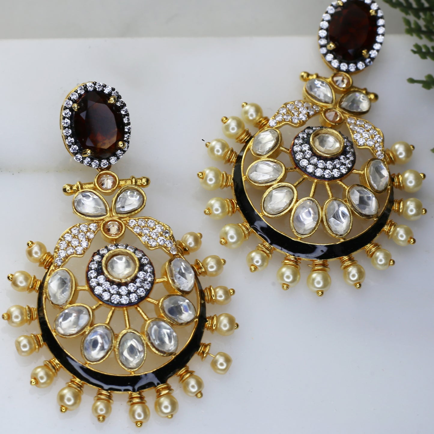 Brown Kundan Pearl Drop Earring