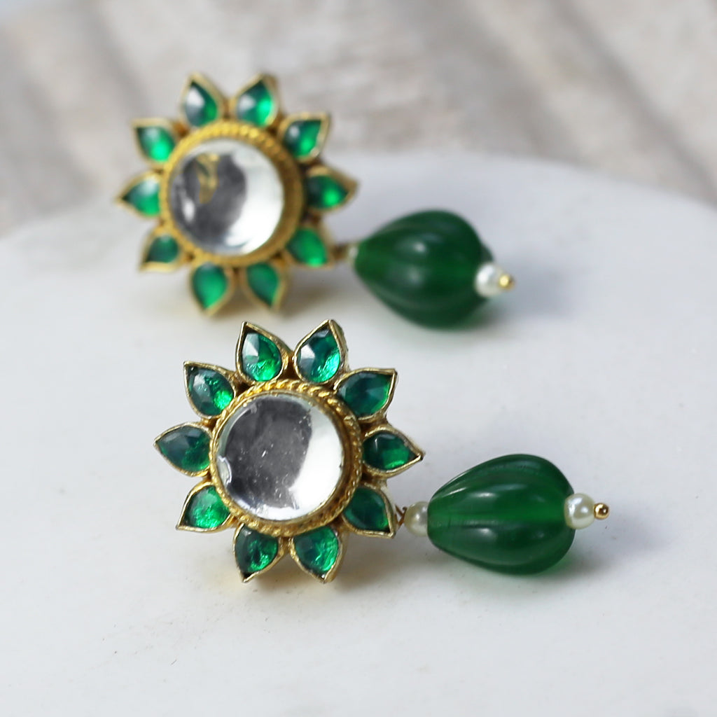Green Kundan Flower Drop Earring