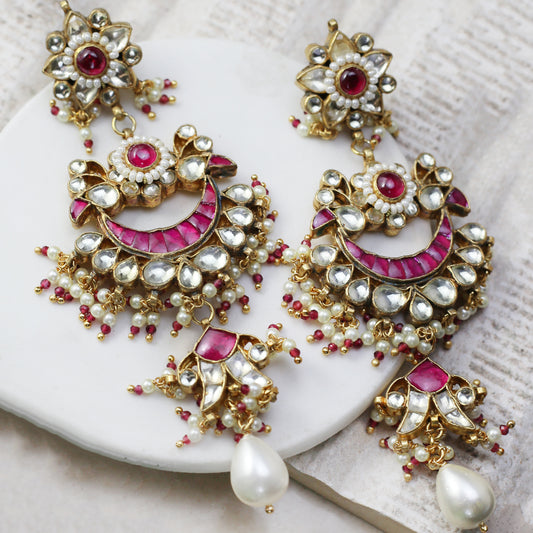 Pink Kundan Pearl Drop Earring