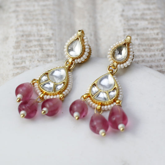 Pink Kundan Drop Earring