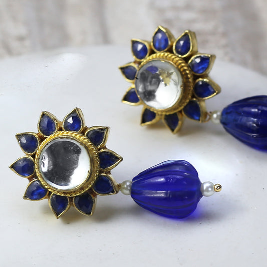 Blue Kundan Flower Drop Earring