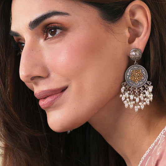 Statement Two Tone Pearl Drop Earring