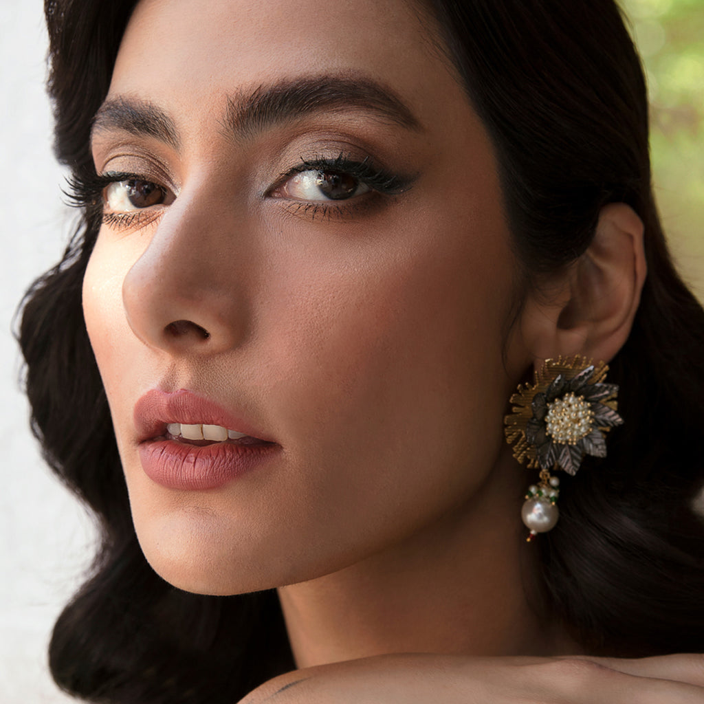 Gold Flower Pearl Drop Earring